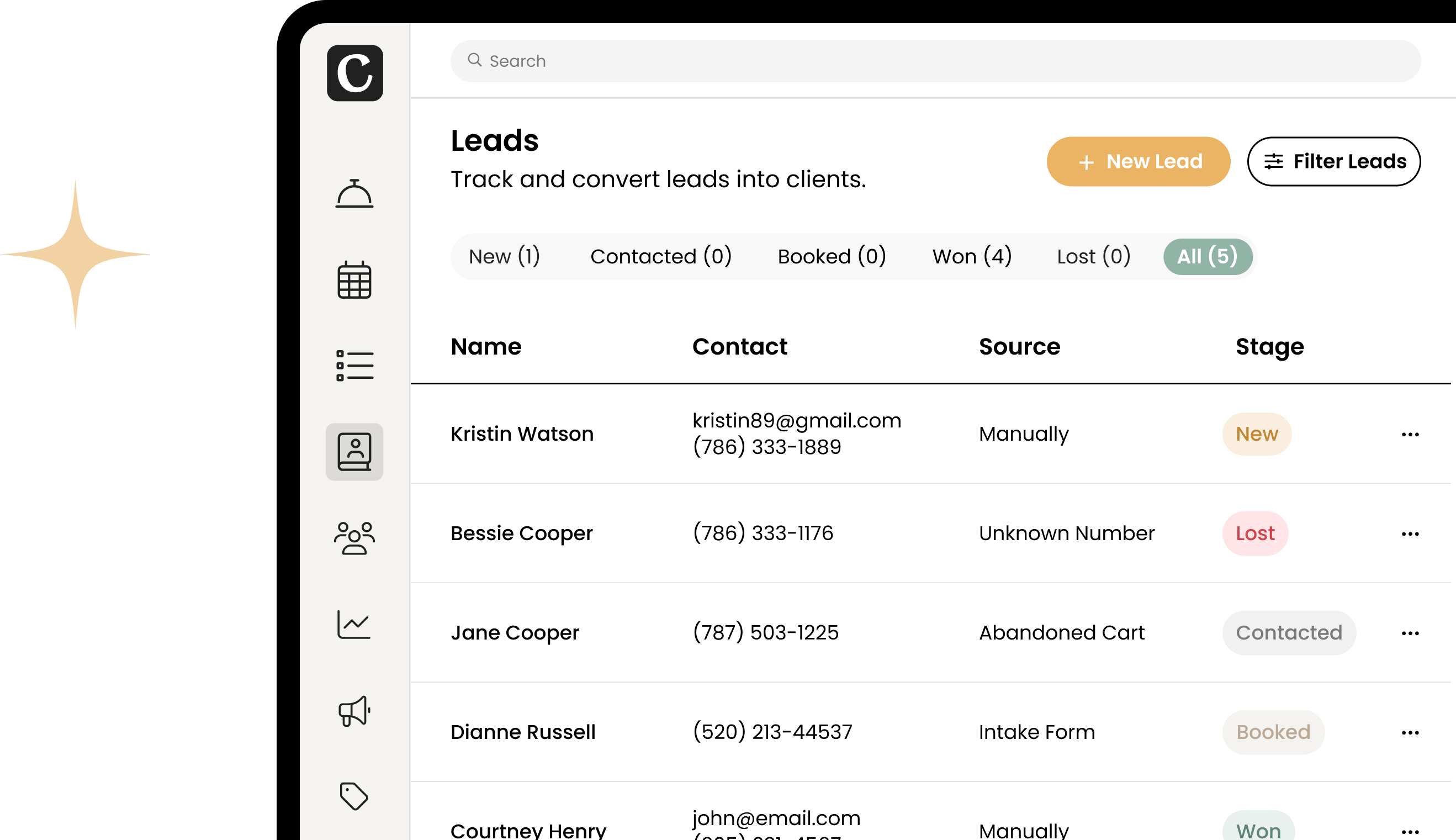 Cuddles Capture, track, and convert leads from intake forms, online booking, SMS, and manual entry — all in one place.