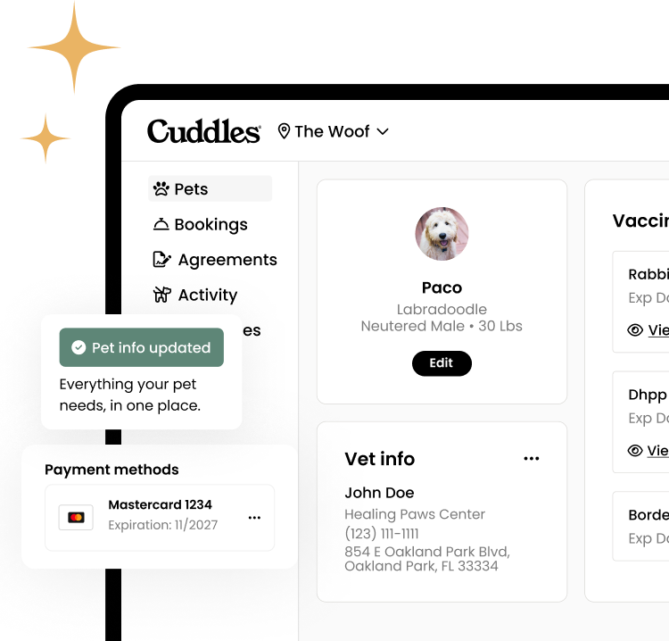 Cuddles Book 24/7, get live updates, manage payments, and stay connected in one simple app pet parents love.