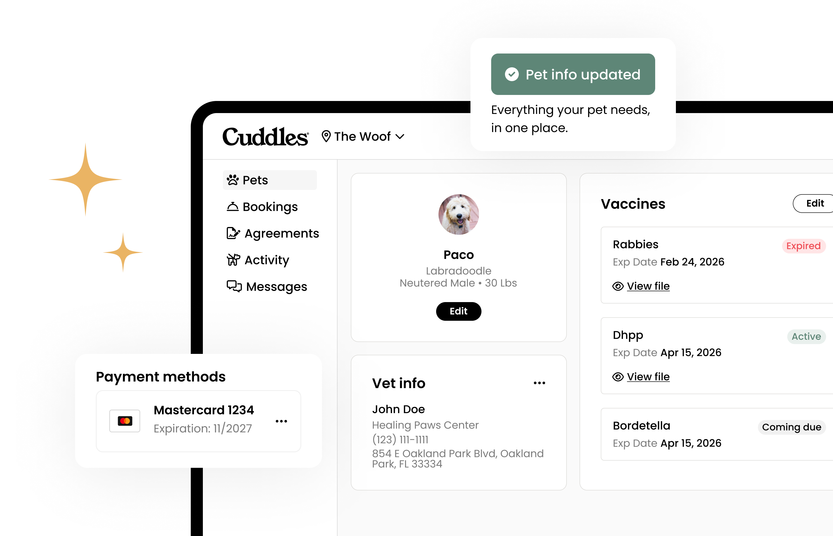 Cuddles Book 24/7, get live updates, manage payments, and stay connected in one simple app pet parents love.