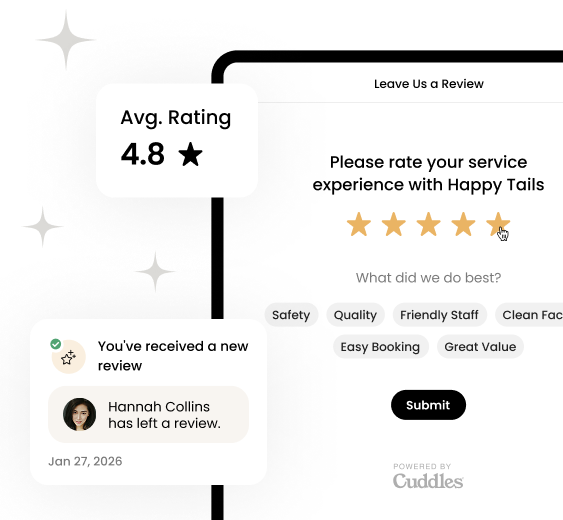 Cuddles Automatically request reviews after appointments, boost your online reputation, and turn social proof into new bookings.