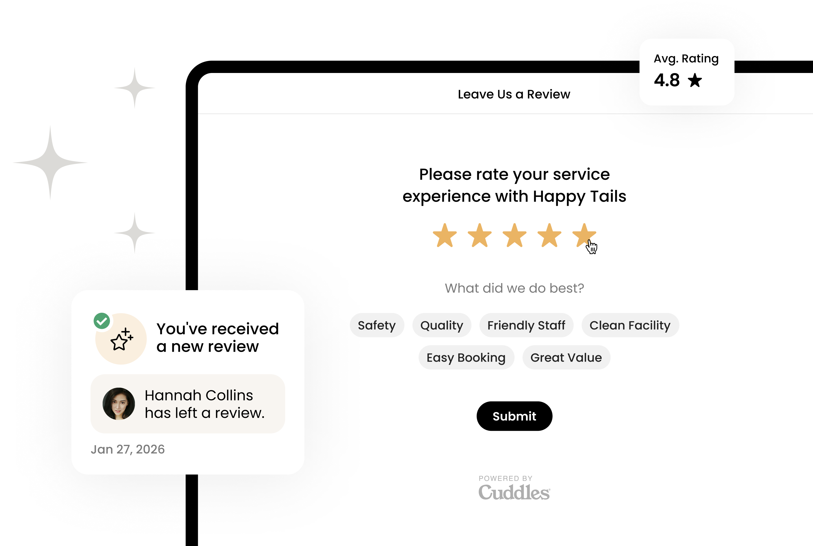 Cuddles Automatically request reviews after appointments, boost your online reputation, and turn social proof into new bookings.