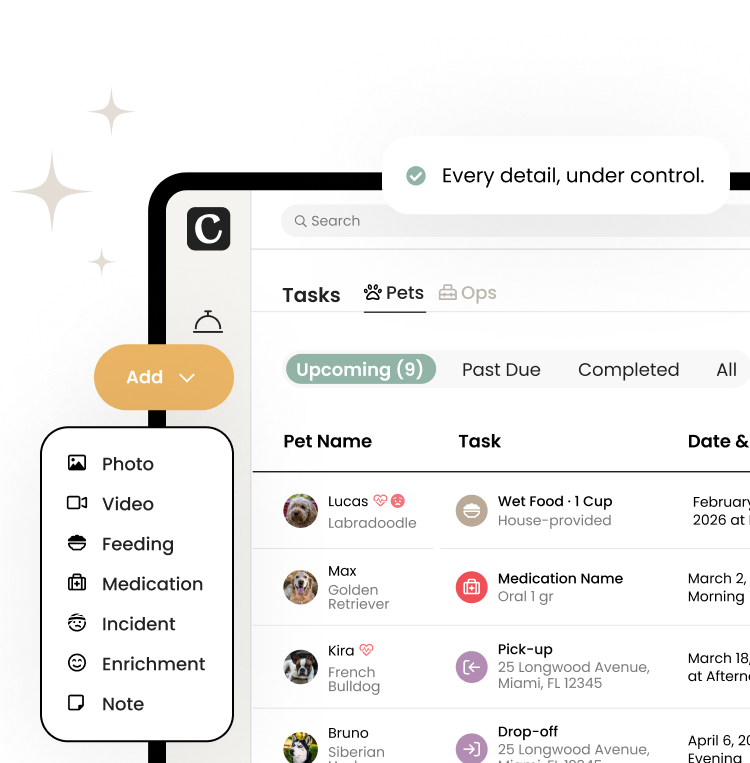 Cuddles Track feeding schedules, medications, and special requests so every pet receives the care they deserve.