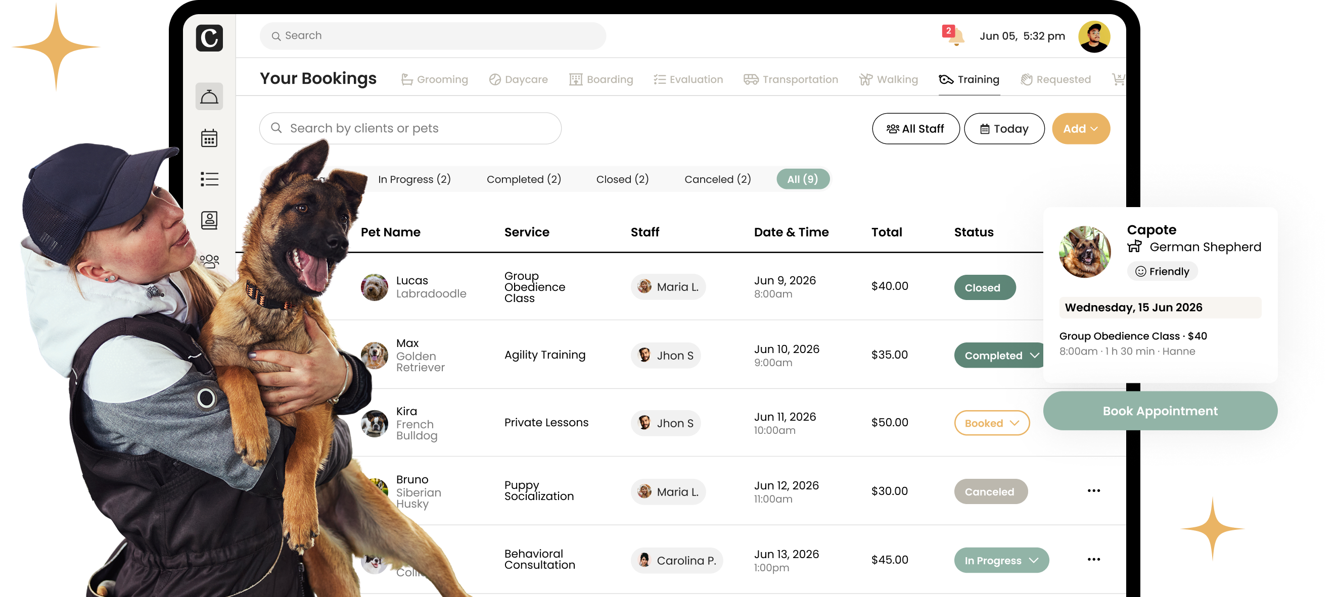 Cuddles From private sessions to group classes, Cuddles manages your bookings, client communication, progress reports, and payments — so you can stay focused on the dogs.