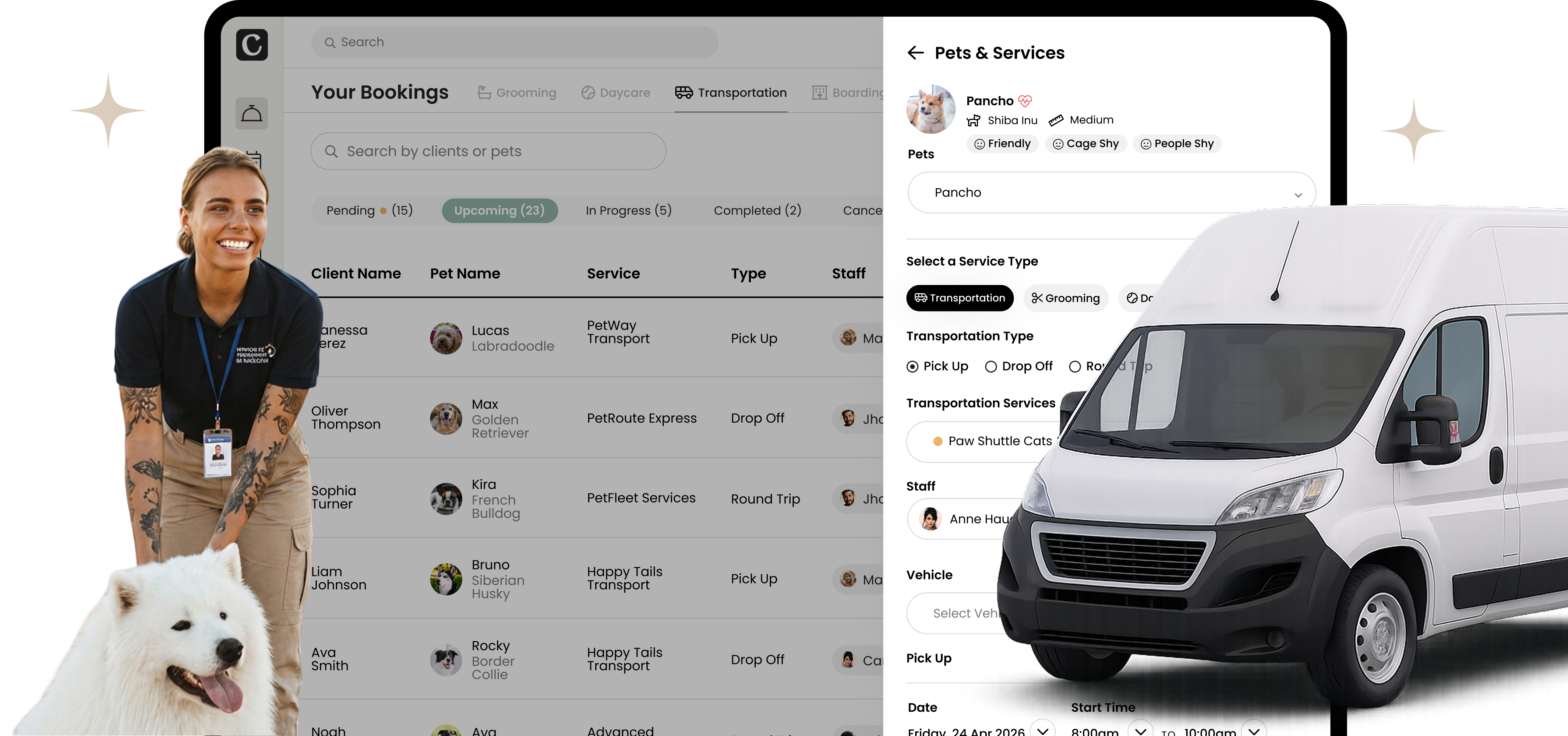 Cuddles Manage pickups and drop offs with ease, from scheduling to real time tracking. Built for pet care businesses on the move.