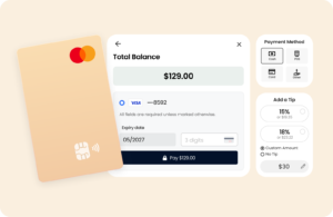 Payment checkout interface showing a total balance of $129.00 with a saved Visa card ending in 8592. The screen includes fields for expiry date and security code, a ‘Pay $129.00’ button, and options to select payment methods (cash, POS, card, or other). On the right, there is a tip selection panel with preset percentages (15% and 18%), a custom tip option set to $30, and a no-tip option. A stylized contactless Mastercard is displayed to the left
