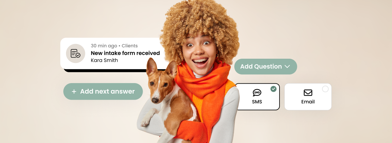 Marketing banner for pet care software, featuring an excited woman holding a Basenji dog. Floating UI elements show a new client intake form
