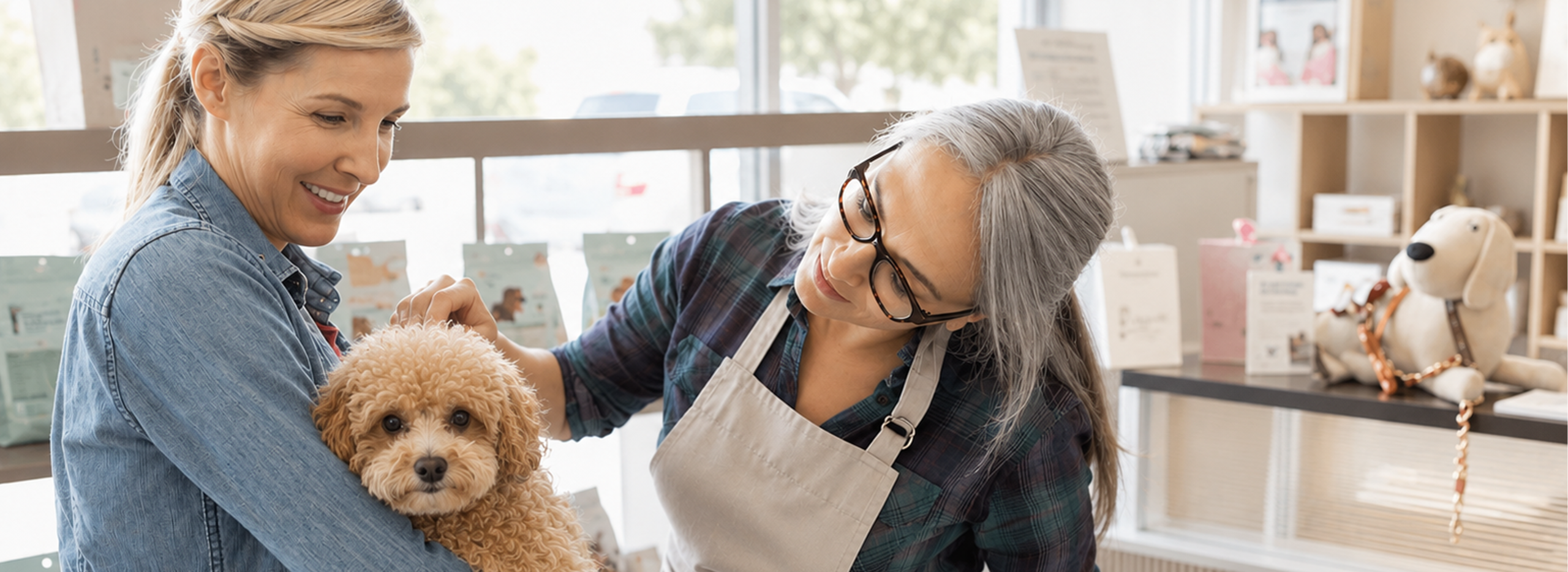 Groomer welcoming a pet parent and small dog inside a bright pet grooming salon