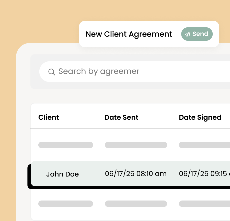 Pet business software screen showing a new client agreement ready to send.