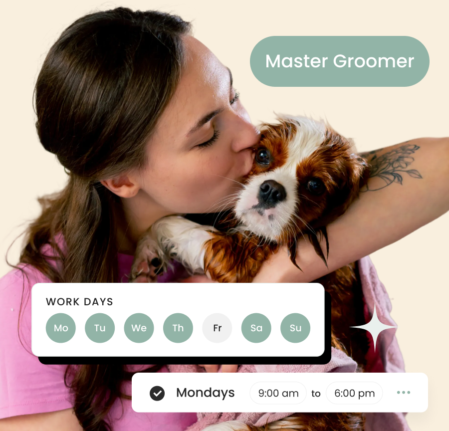 Master groomer holding a wet dog with her weekly work schedule and Monday hours displayed.